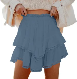 Womens Mini Skirts Double Layer Ruffle Fashion Solid Color Lace Hem Elastic Waist Skirts Swing Cute Beach Skorts