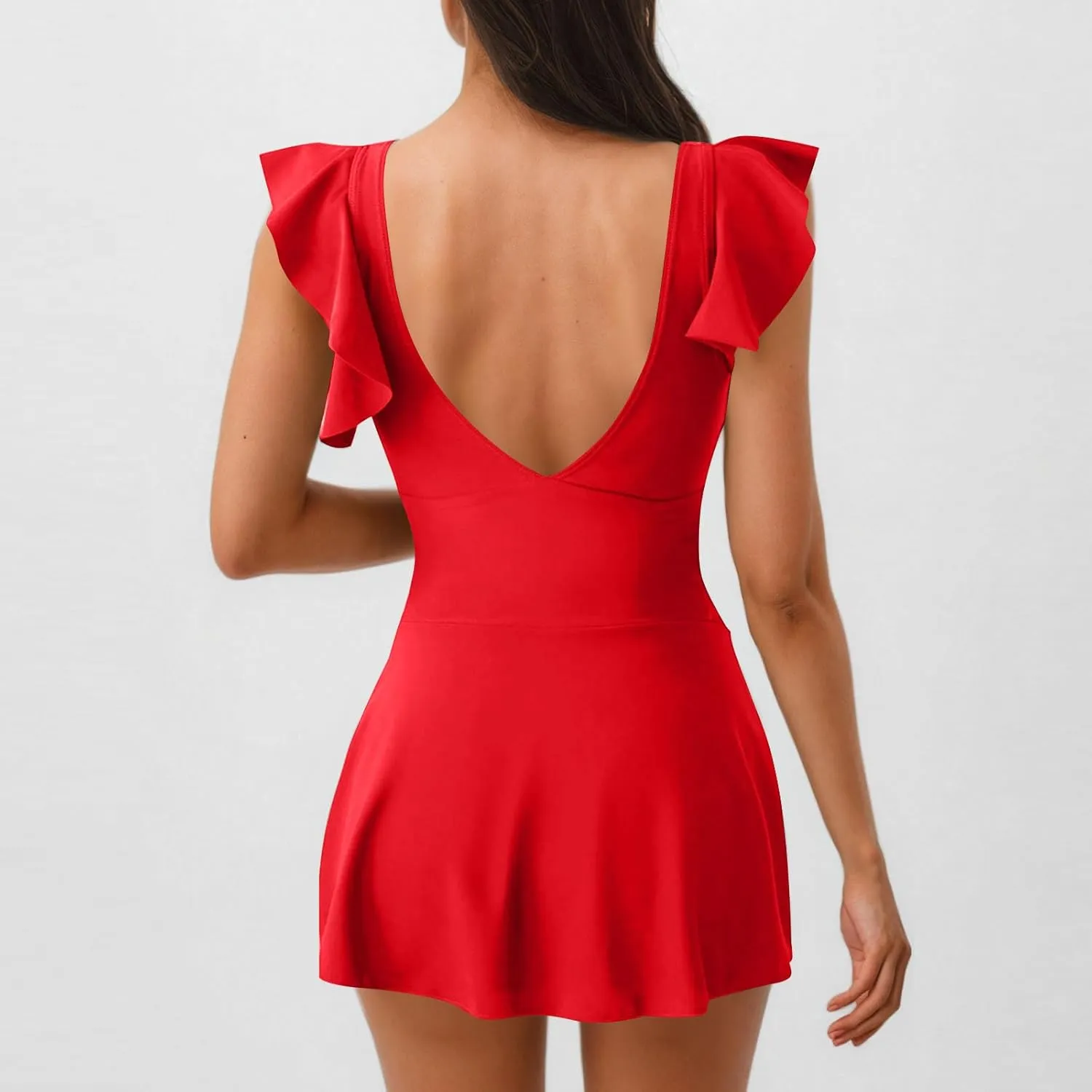Women's One Piece Bathing Suit Tummy Control Swimsuits Tie-Up Ruffle Hem Cover Belly Swim Dress Modest Swimwear 2025
