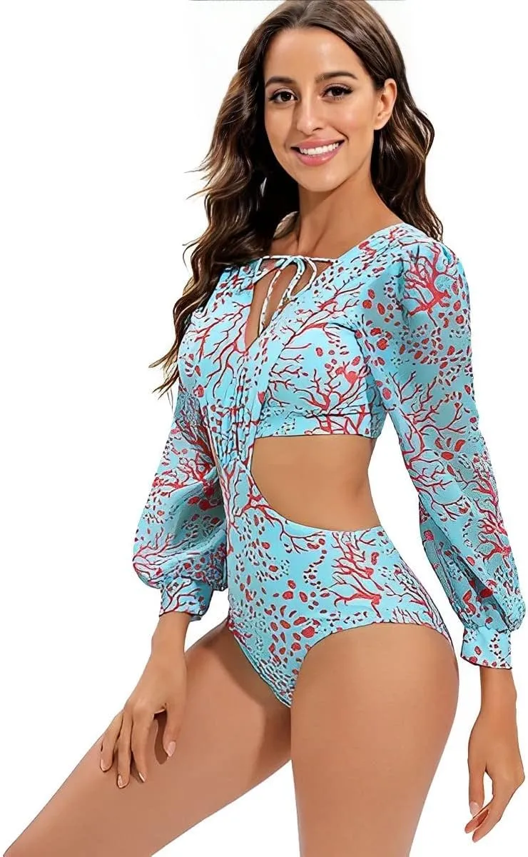 Womens One Piece Monokini Swimsuits V Neck Lantern Long Sleeve Bathing Suits Tummy Control Buckle Back Cutout Swimwear