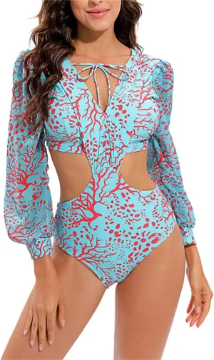 Womens One Piece Monokini Swimsuits V Neck Lantern Long Sleeve Bathing Suits Tummy Control Buckle Back Cutout Swimwear