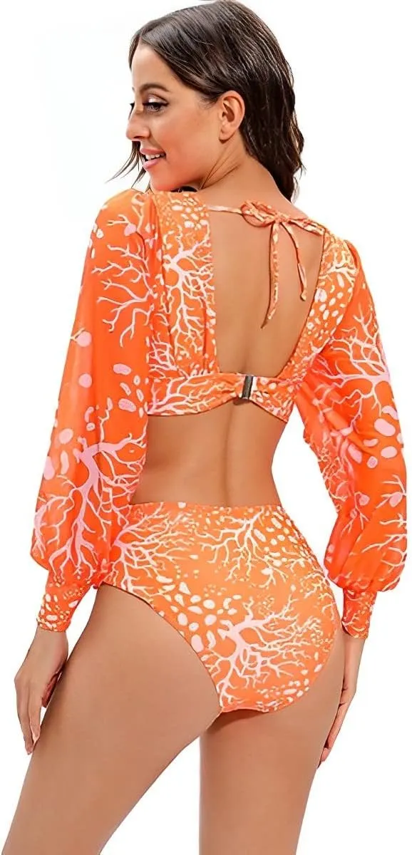 Womens One Piece Monokini Swimsuits V Neck Lantern Long Sleeve Bathing Suits Tummy Control Buckle Back Cutout Swimwear