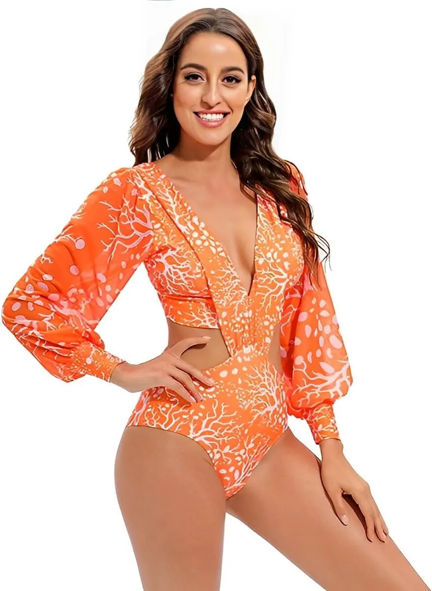 Womens One Piece Monokini Swimsuits V Neck Lantern Long Sleeve Bathing Suits Tummy Control Buckle Back Cutout Swimwear