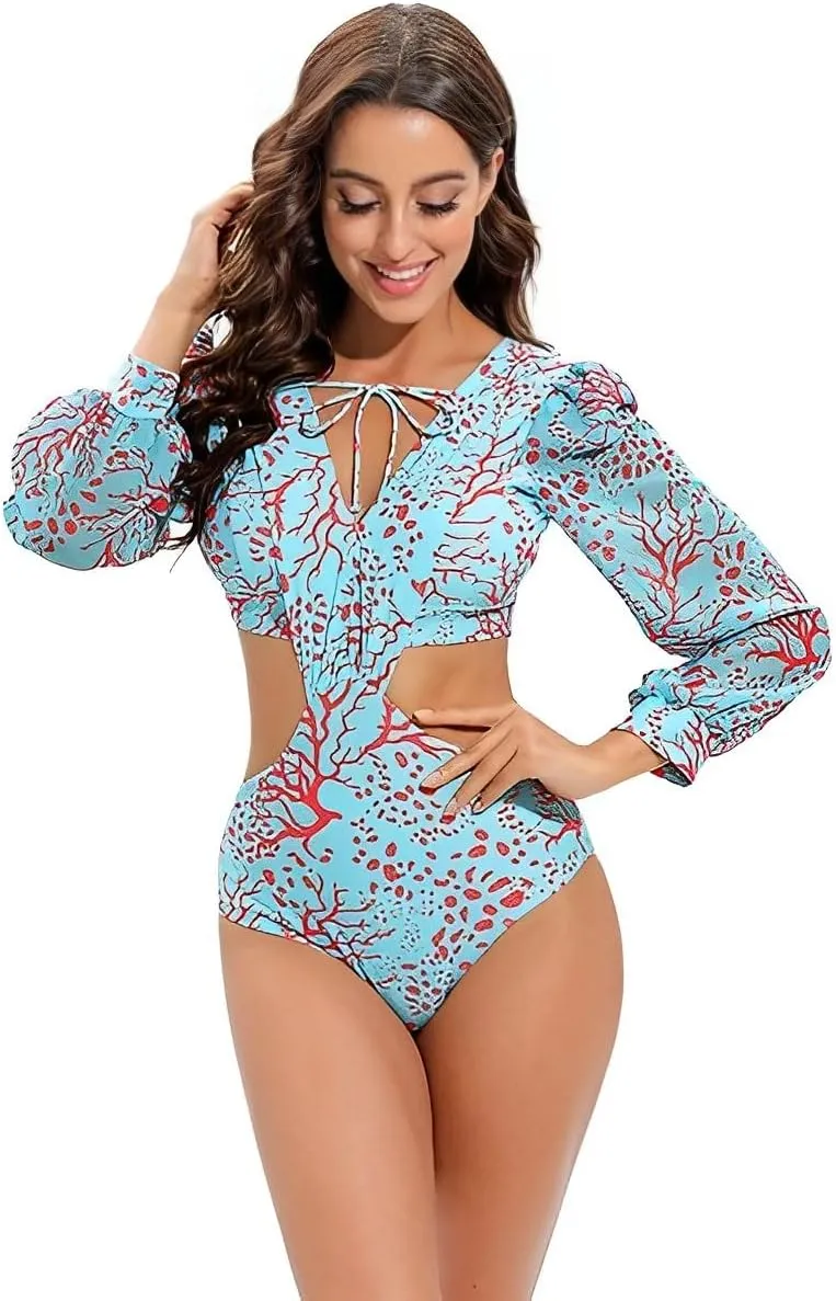 Womens One Piece Monokini Swimsuits V Neck Lantern Long Sleeve Bathing Suits Tummy Control Buckle Back Cutout Swimwear