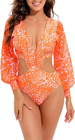 Womens One Piece Monokini Swimsuits V Neck Lantern Long Sleeve Bathing Suits Tummy Control Buckle Back Cutout Swimwear