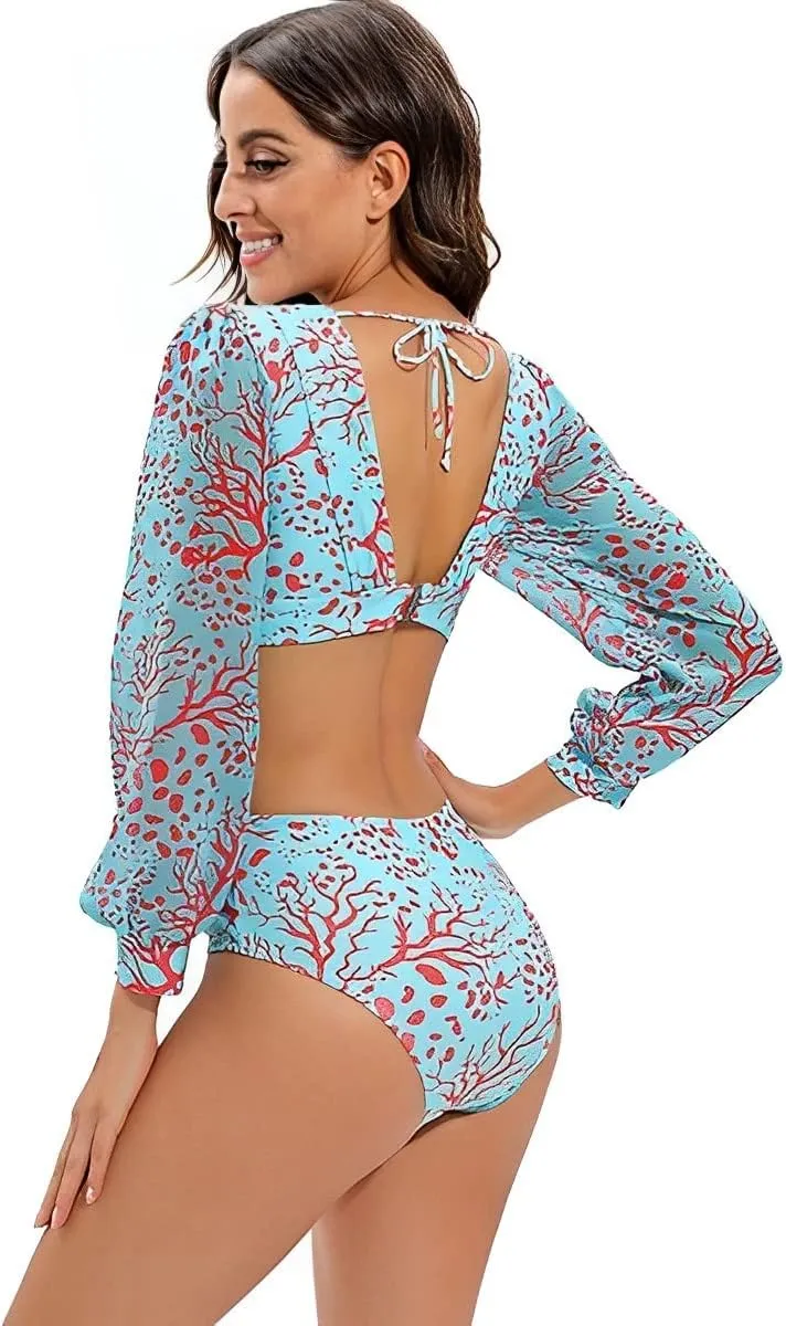 Womens One Piece Monokini Swimsuits V Neck Lantern Long Sleeve Bathing Suits Tummy Control Buckle Back Cutout Swimwear
