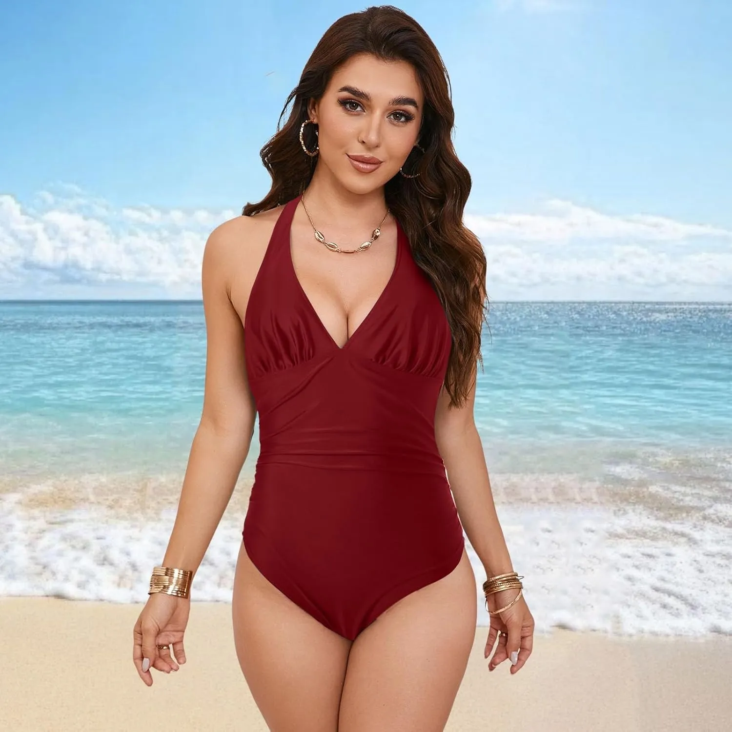 Womens One Piece Swimsuit Ruched Swimwear Halter V Neck Backless Bathing Suit Color Block Slimming Tummy Control Swimsuits