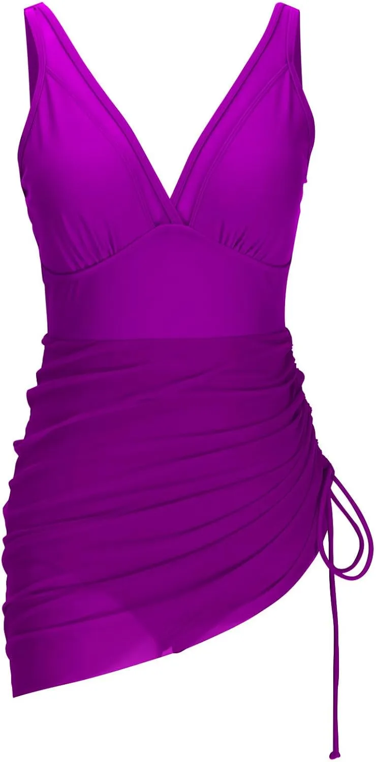 Womens One Piece Swimsuit Skirt Tummy Control Bathing Suit Drawstring Swim Dress Slimming Smocked Ruched Swimdress