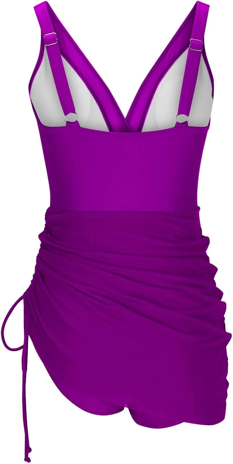 Womens One Piece Swimsuit Skirt Tummy Control Bathing Suit Drawstring Swim Dress Slimming Smocked Ruched Swimdress