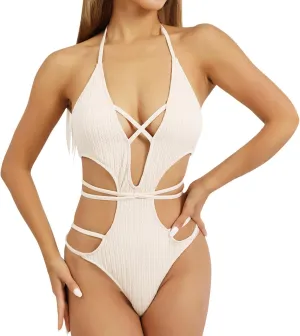 Women's One-Piece Swimsuits Color Block Swimsuits Plunge Neck Cutout Criss Cross Bathing Suit Slimming Mesh Swimwear