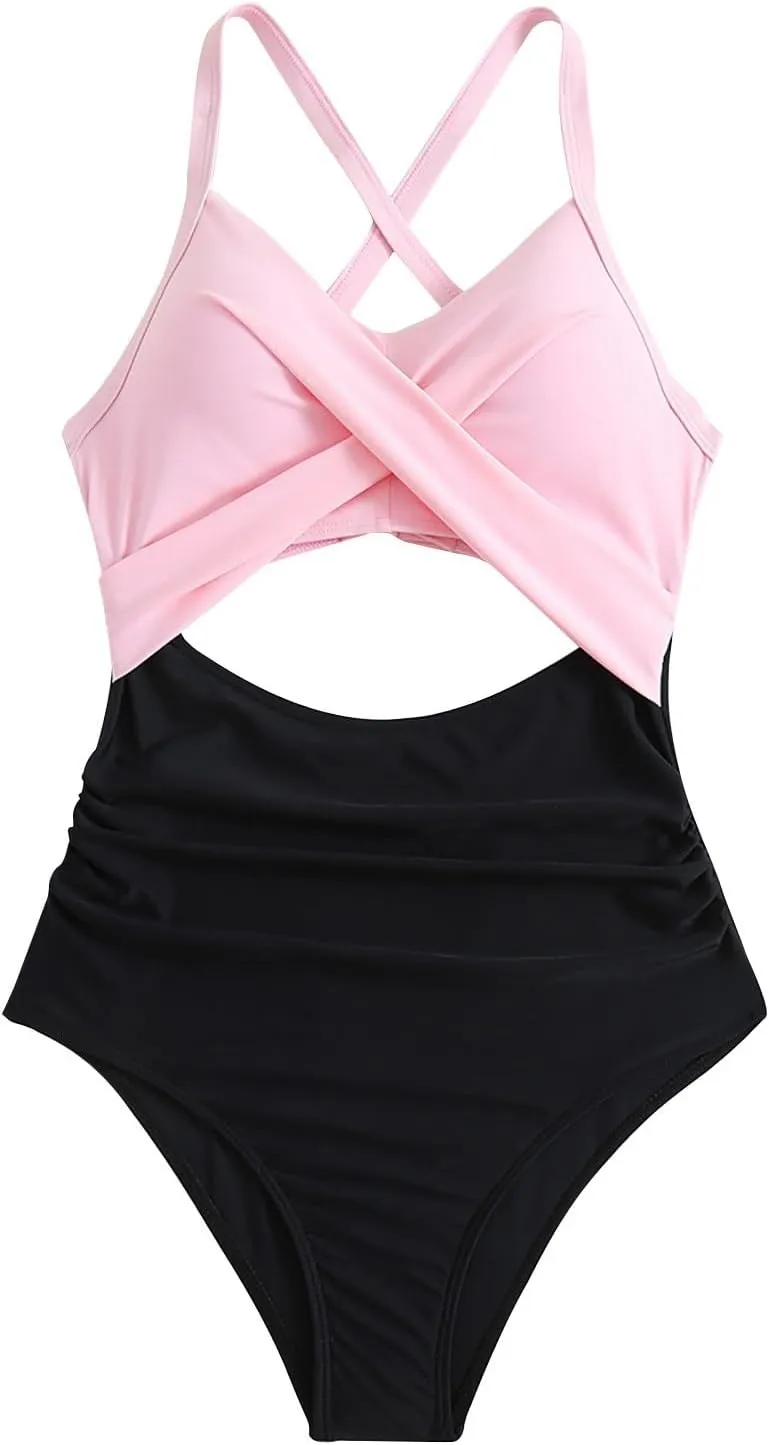 Womens One Piece Swimsuits Hanging Neck Strap Backless Swimwear Tummy Control Monokini High Waisted Bathing Suit