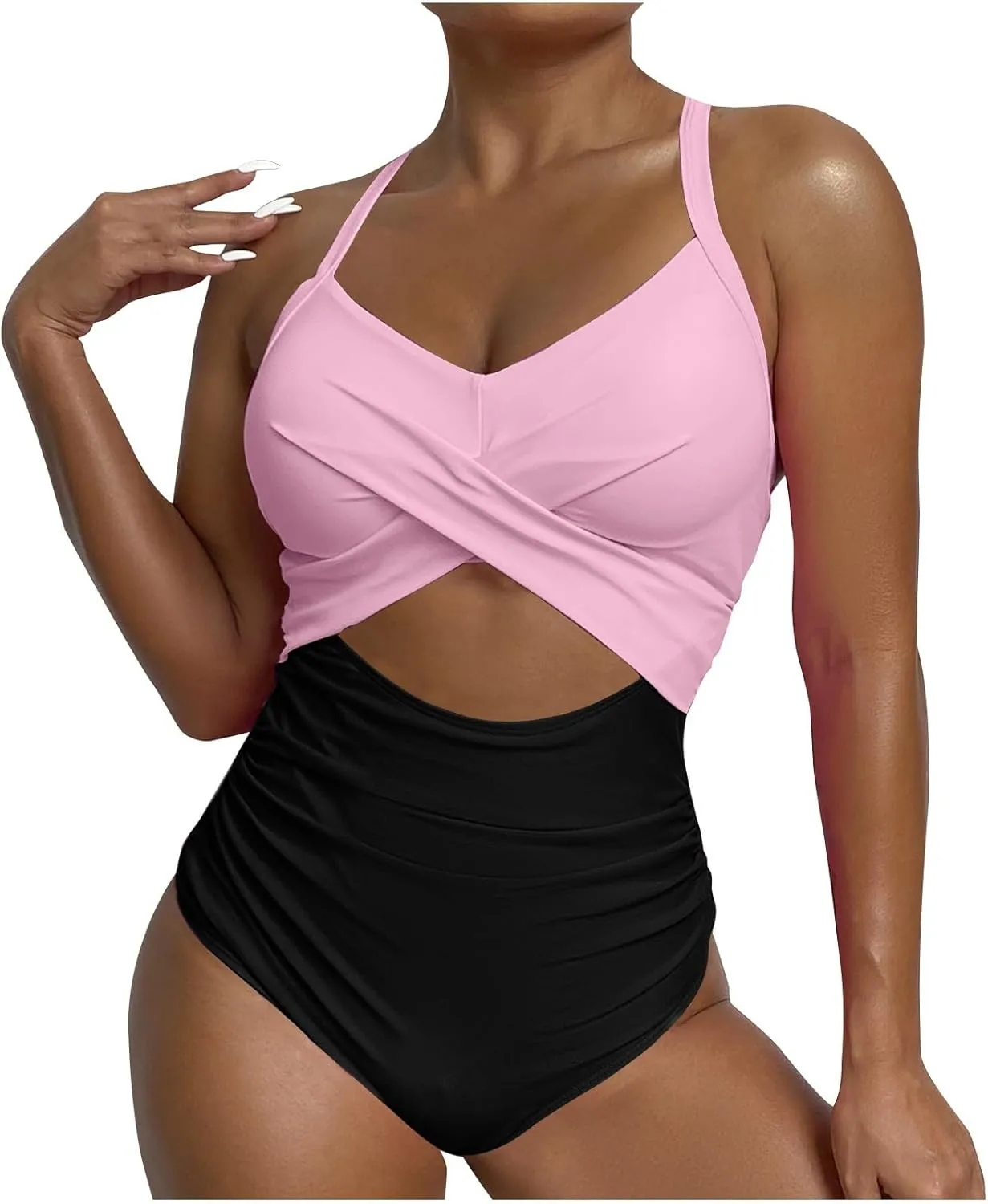 Womens One Piece Swimsuits Hanging Neck Strap Backless Swimwear Tummy Control Monokini High Waisted Bathing Suit