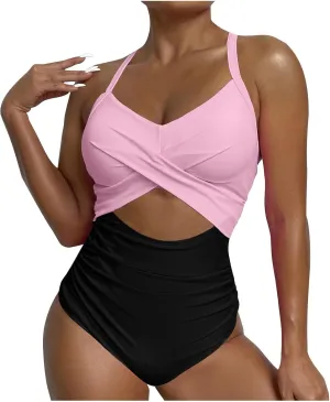 Womens One Piece Swimsuits Hanging Neck Strap Backless Swimwear Tummy Control Monokini High Waisted Bathing Suit