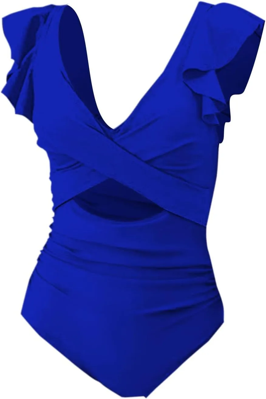 Women's One Piece Swimsuits Tummy Control High Waisted Bikini Ruffle Sleeve Wrap Backless Bathing Suits Sexy Beach Tankinis