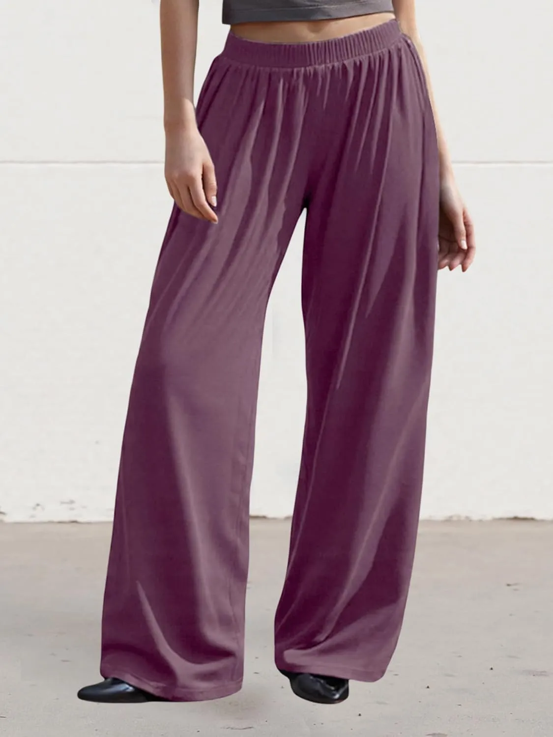 Womens Plus Size Baggy Pants Elastic Band Solid Loose Fit Straight Wide Leg Long Trousers Casual Bottoms