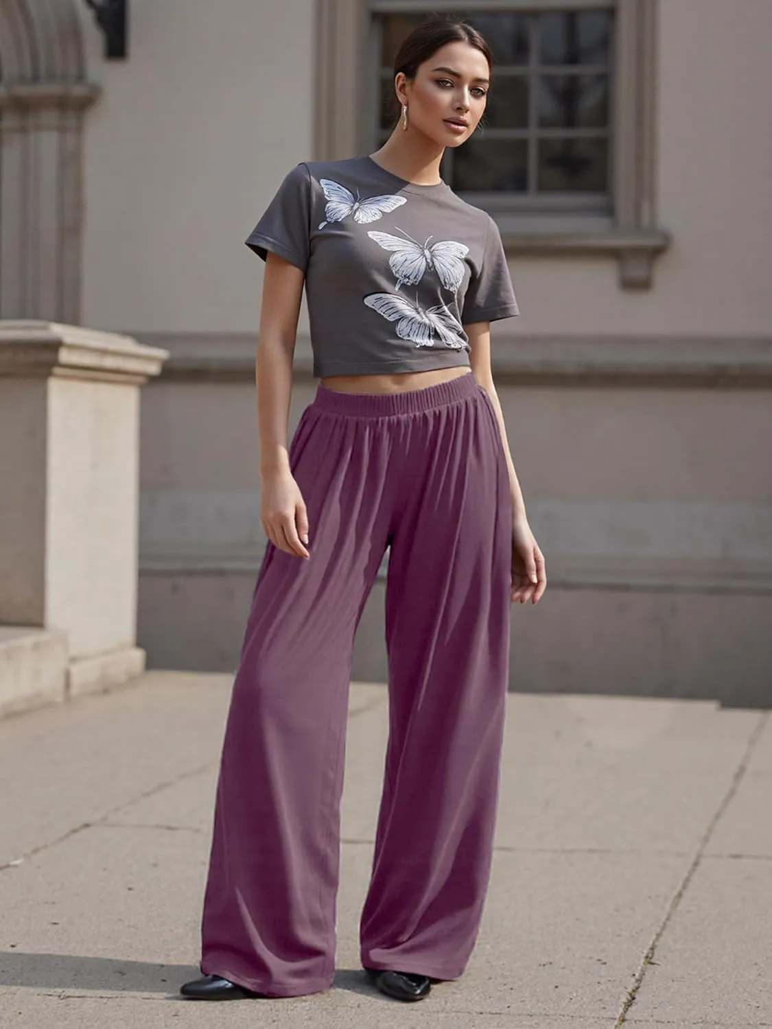 Womens Plus Size Baggy Pants Elastic Band Solid Loose Fit Straight Wide Leg Long Trousers Casual Bottoms