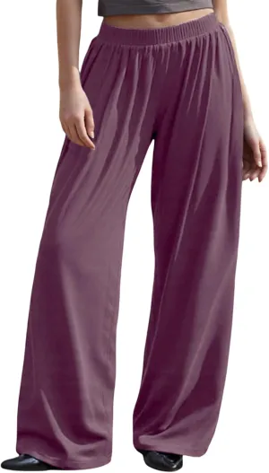 Womens Plus Size Baggy Pants Elastic Band Solid Loose Fit Straight Wide Leg Long Trousers Casual Bottoms