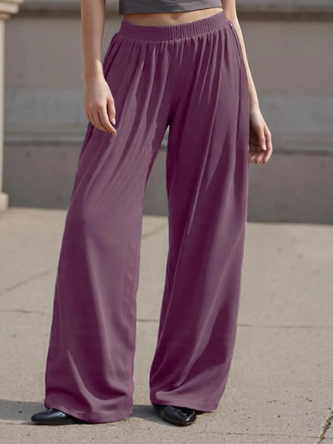 Womens Plus Size Baggy Pants Elastic Band Solid Loose Fit Straight Wide Leg Long Trousers Casual Bottoms