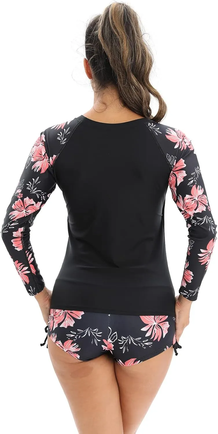 Women's Rashguard Swimsuit Floral Zipper Long Sleeve/Short Sleeve Bathing Suit Swim Shirt Boyleg Surfing Wetsuit