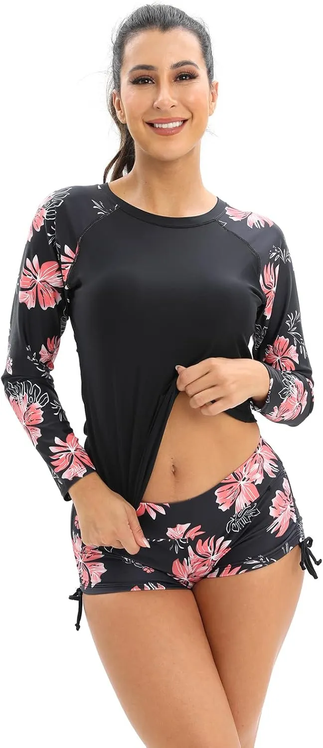 Women's Rashguard Swimsuit Floral Zipper Long Sleeve/Short Sleeve Bathing Suit Swim Shirt Boyleg Surfing Wetsuit