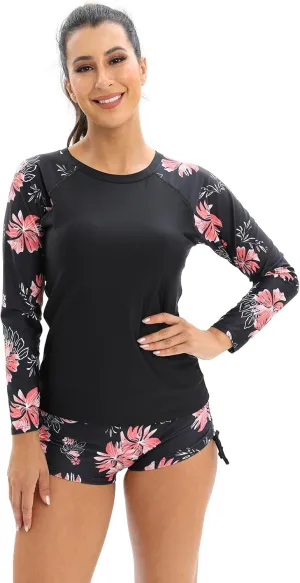 Women's Rashguard Swimsuit Floral Zipper Long Sleeve/Short Sleeve Bathing Suit Swim Shirt Boyleg Surfing Wetsuit