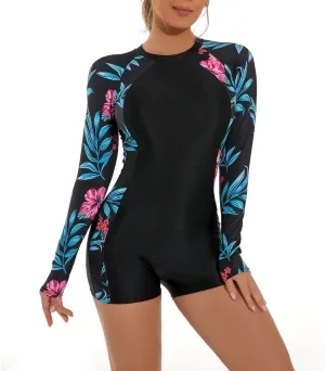 Women's Rashguard Swimsuit Floral Zipper Long Sleeve/Short Sleeve Bathing Suit Swim Shirt Boyleg Surfing Wetsuit