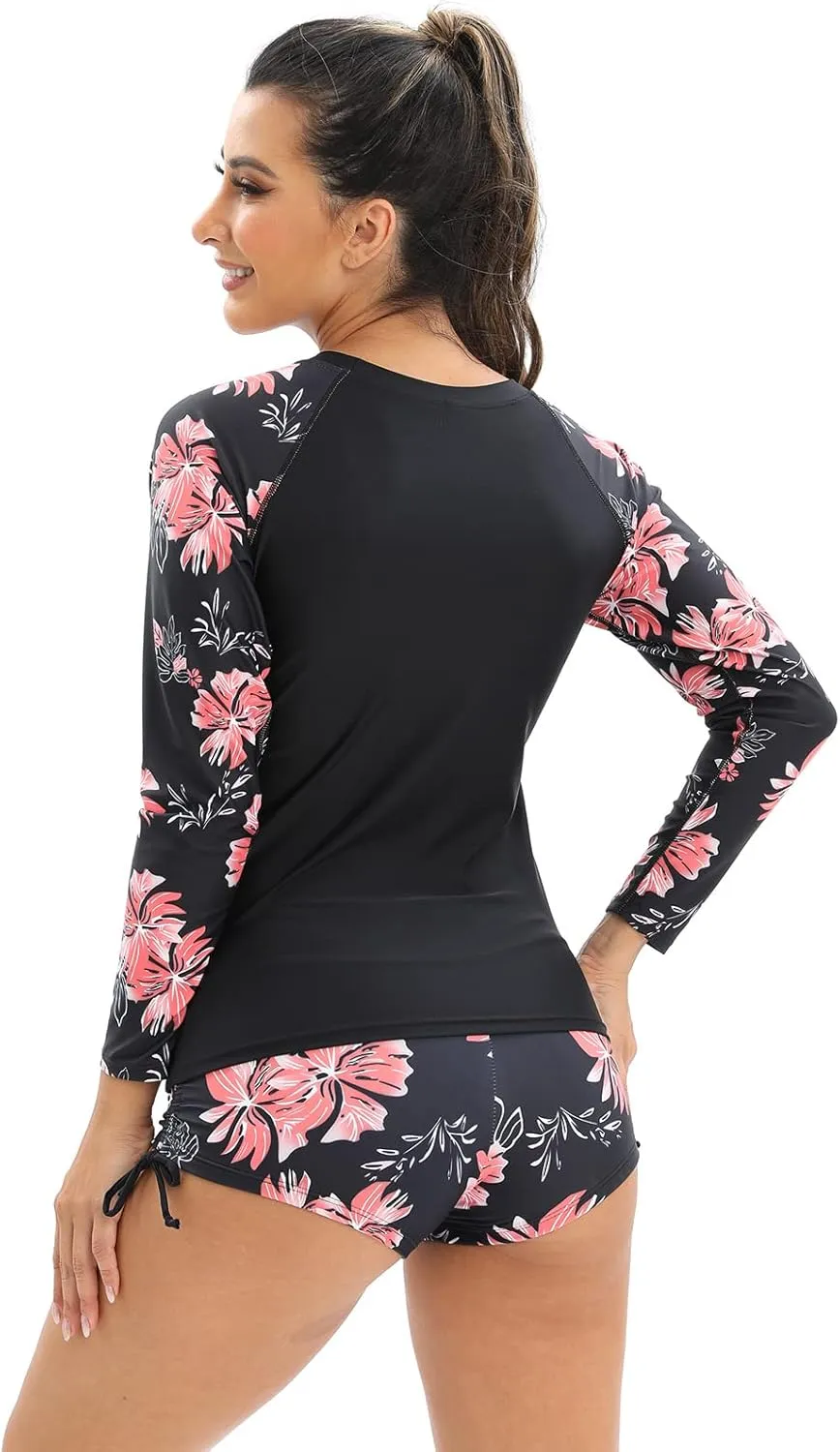 Women's Rashguard Swimsuit Floral Zipper Long Sleeve/Short Sleeve Bathing Suit Swim Shirt Boyleg Surfing Wetsuit