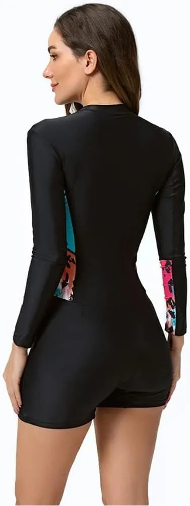 Women's Rashguard Swimsuit Floral Zipper Long Sleeve/Short Sleeve Bathing Suit Swim Shirt Boyleg Surfing Wetsuit