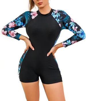 Women's Rashguard Swimsuit Floral Zipper Long Sleeve/Short Sleeve Bathing Suit Swim Shirt Boyleg Surfing Wetsuit