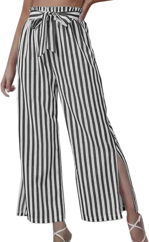 Women's Striped Wide Straight Legs Palazzo Pants Side Slits High Waisted Drawstring Flowy Trousers Summer Casual Bottoms