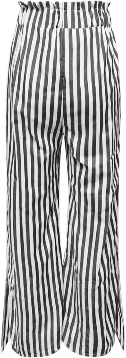 Women's Striped Wide Straight Legs Palazzo Pants Side Slits High Waisted Drawstring Flowy Trousers Summer Casual Bottoms