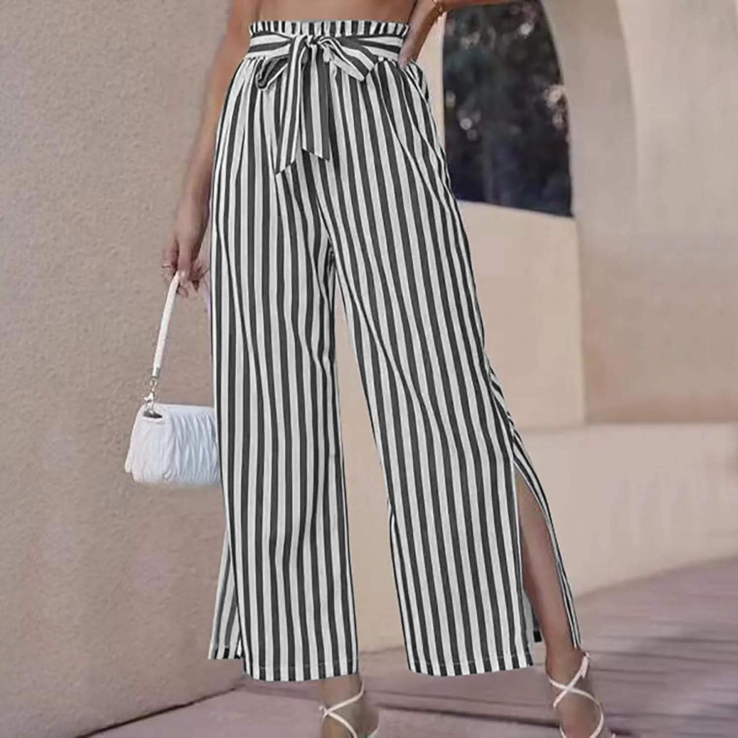 Women's Striped Wide Straight Legs Palazzo Pants Side Slits High Waisted Drawstring Flowy Trousers Summer Casual Bottoms