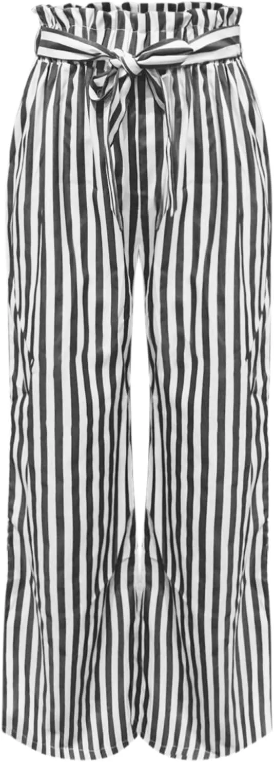 Women's Striped Wide Straight Legs Palazzo Pants Side Slits High Waisted Drawstring Flowy Trousers Summer Casual Bottoms