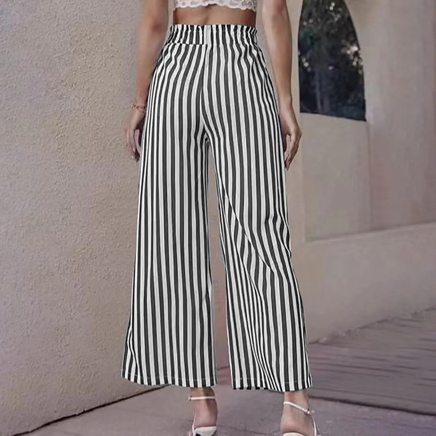 Women's Striped Wide Straight Legs Palazzo Pants Side Slits High Waisted Drawstring Flowy Trousers Summer Casual Bottoms