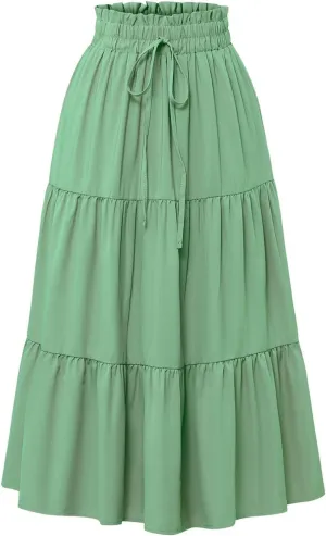 Women’s Summer Boho Flowy Swing Tiered A-Line Maxi Skirt 2025 Fashion Trendy Elastic Waist Pleated Long Beach Dress