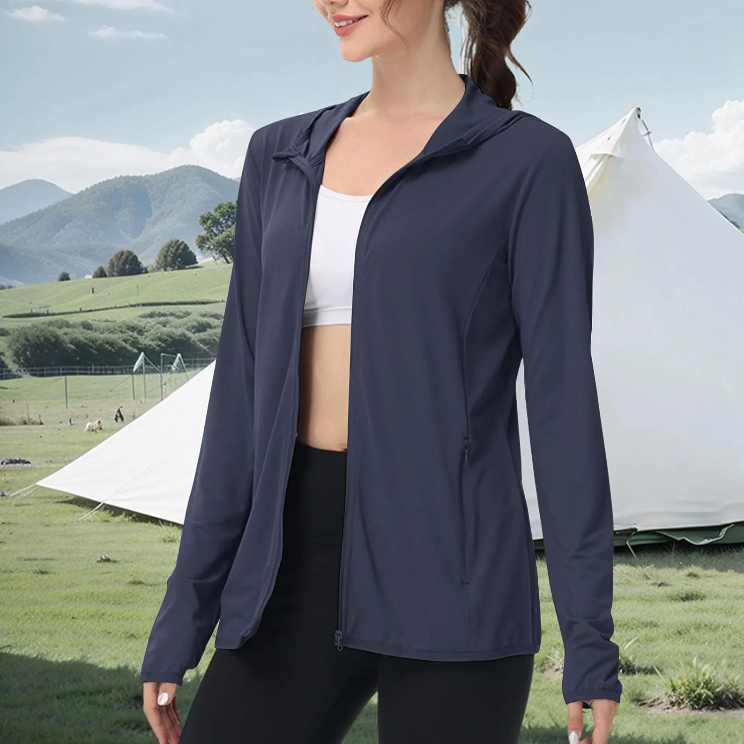 Women's UPF 50  Hooded Sun Shirt Lightweight Long Sleeve Sunscreen Hooded Jacket Summer Ultra Soft Full Zip Up Hoodie