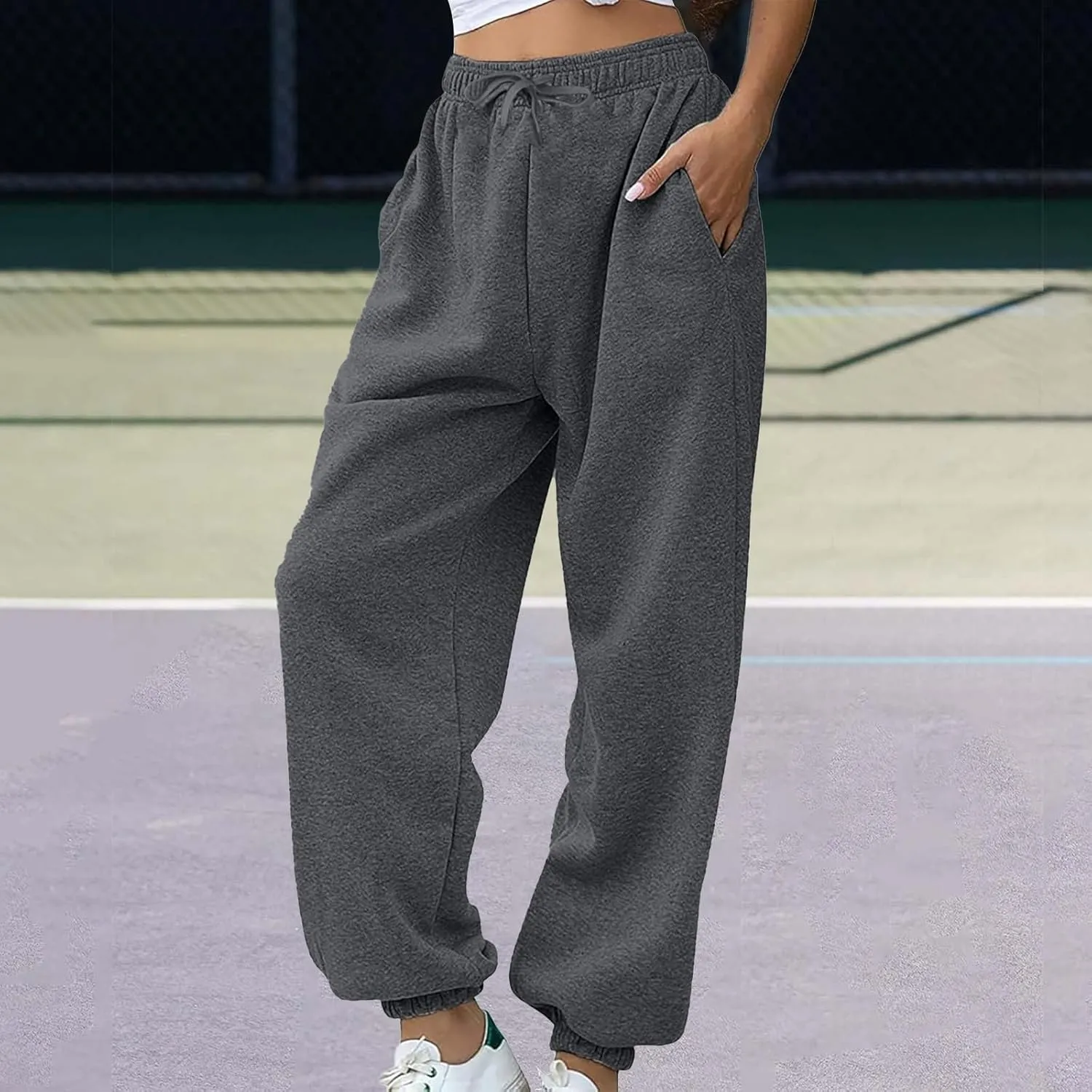 Womens Wide Leg Baggy Fleece Sweatpants Casual Loose Solid Cinch Bottoms Pants Comfy Lounge Joggers Y2K Sweatpants