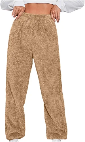 Womens Winter Fuzzy Lounge Pants Warm Soft Fleece Pajama Bottoms Pull On Trouser Sleepwear Cozy Sweatpant Oversize