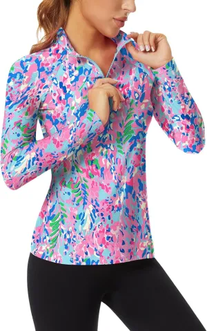 WOWENY Women's Long Sleeve Athletic Shirts Quarter Zip Pullover Collared T-Shirt Workout Print Tennis Top