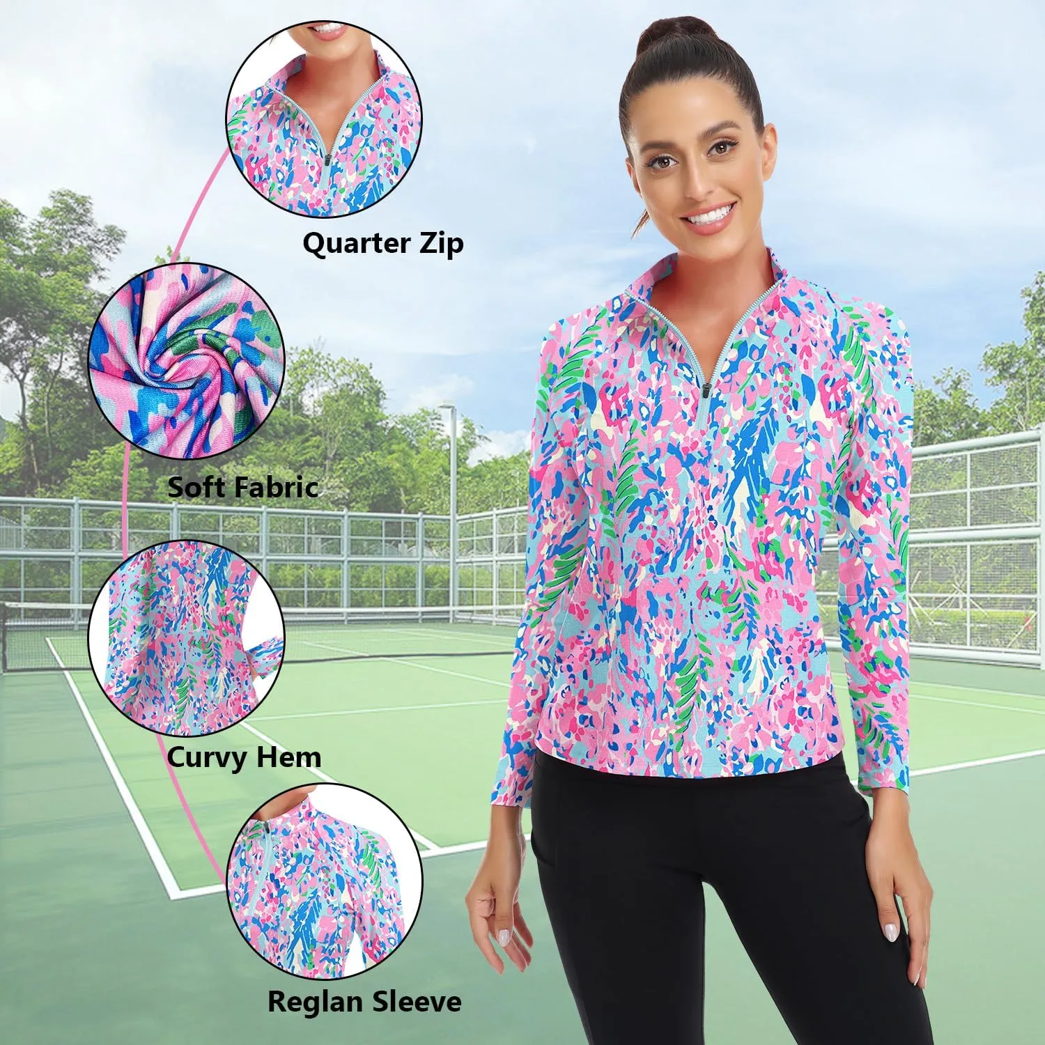 WOWENY Women's Long Sleeve Athletic Shirts Quarter Zip Pullover Collared T-Shirt Workout Print Tennis Top