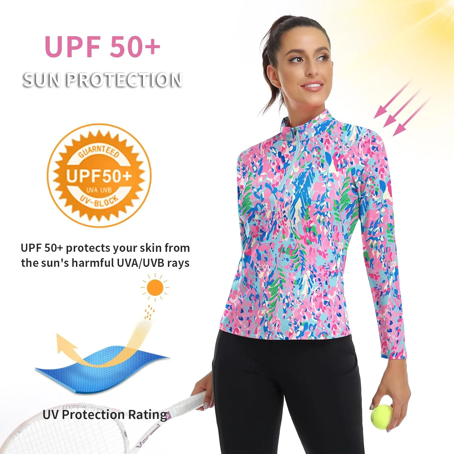 WOWENY Women's Long Sleeve Athletic Shirts Quarter Zip Pullover Collared T-Shirt Workout Print Tennis Top