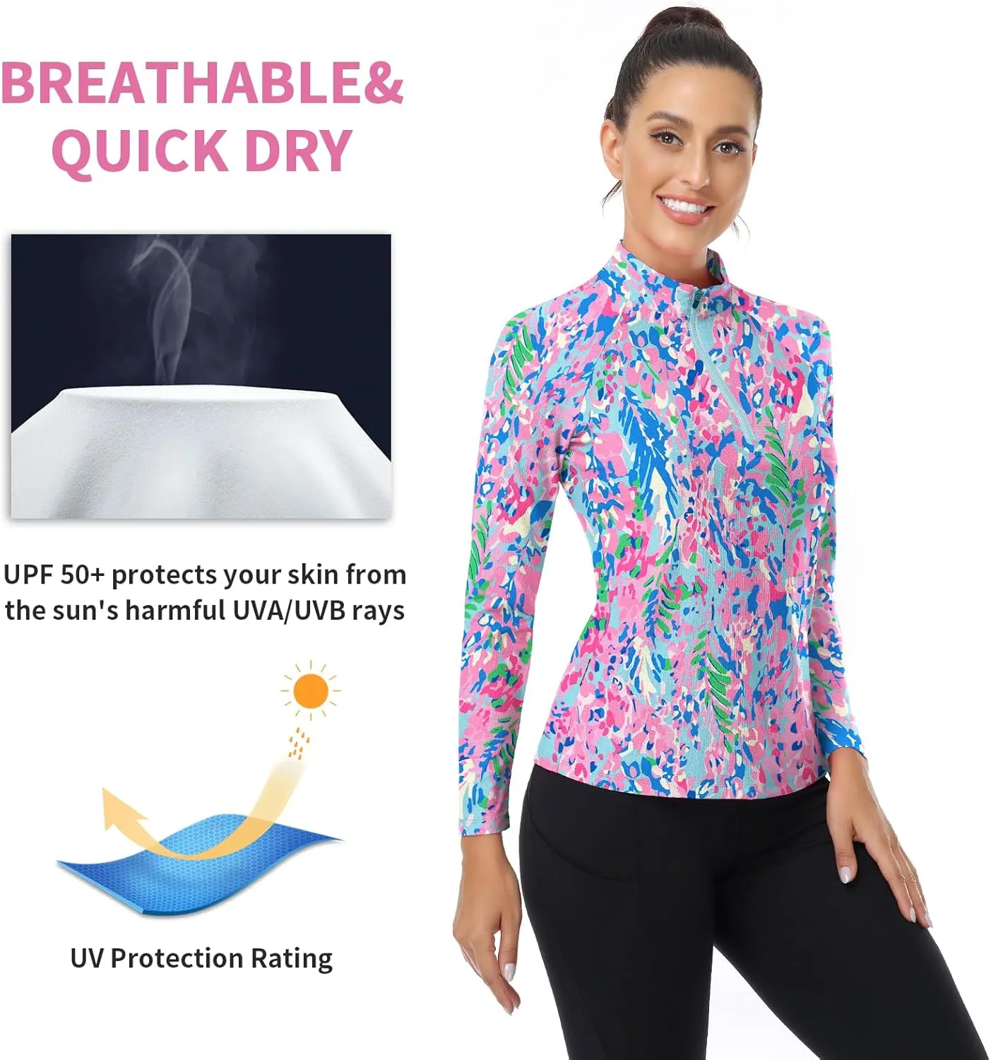 WOWENY Women's Long Sleeve Athletic Shirts Quarter Zip Pullover Collared T-Shirt Workout Print Tennis Top