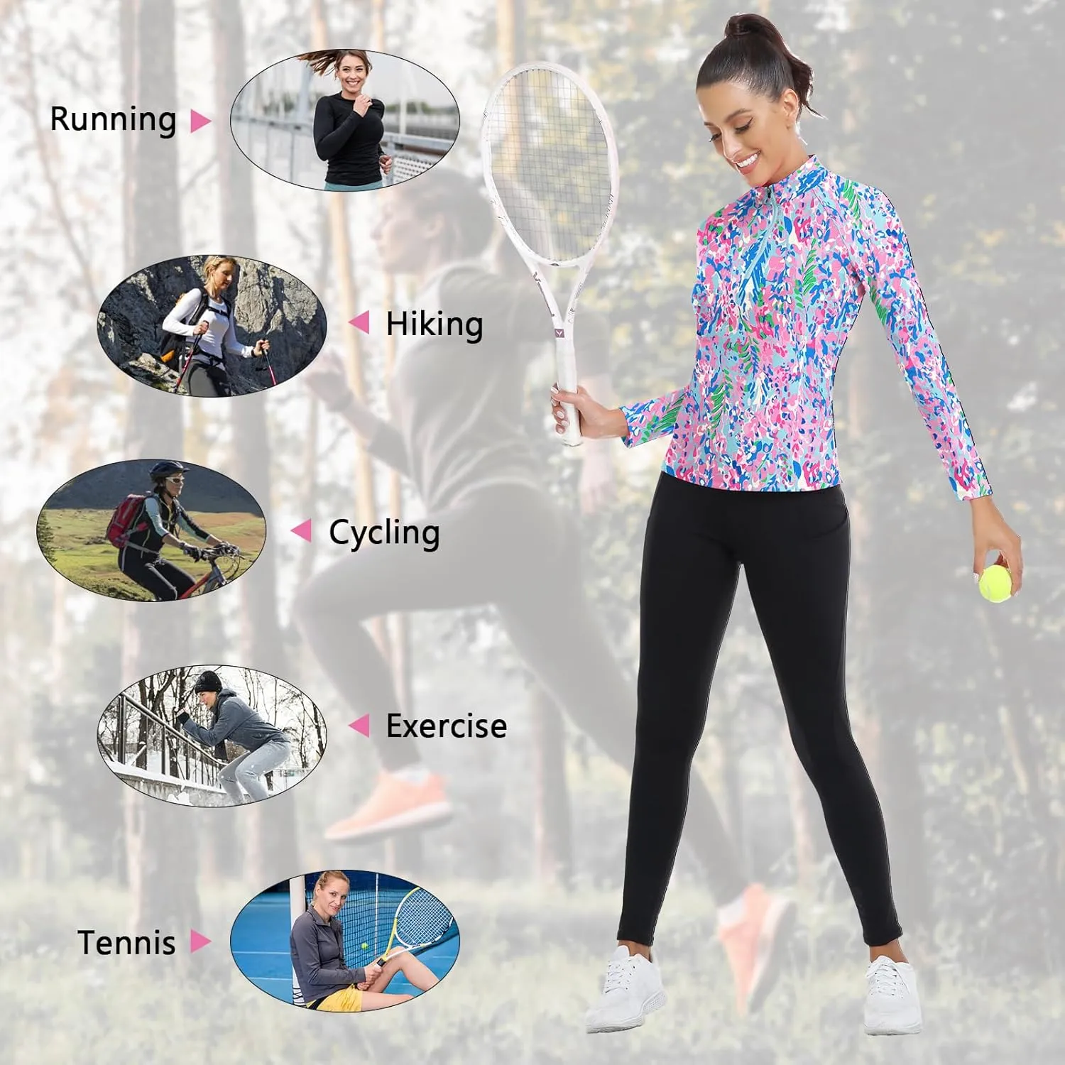 WOWENY Women's Long Sleeve Athletic Shirts Quarter Zip Pullover Collared T-Shirt Workout Print Tennis Top
