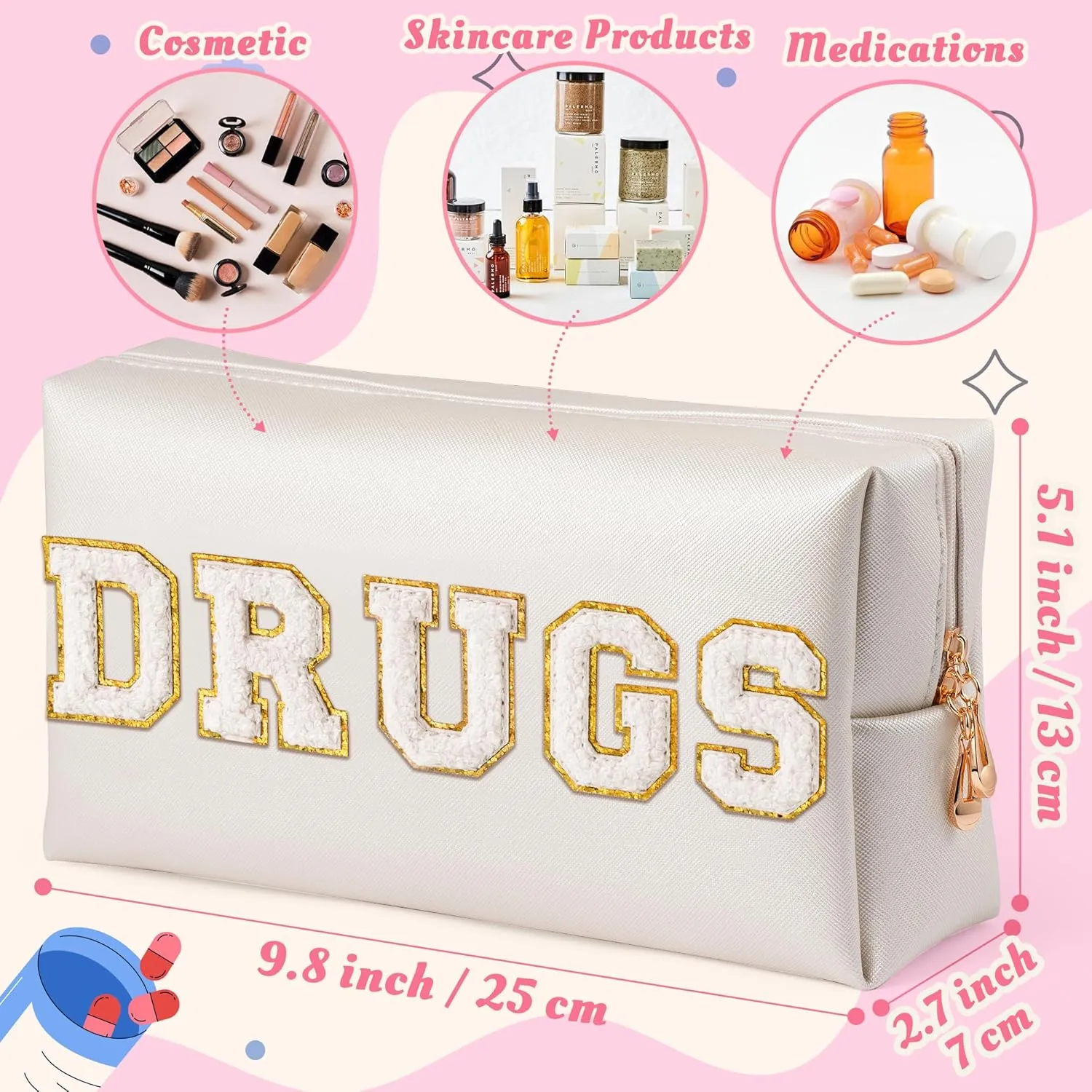 Y1tvei DRUGS Letter Cosmetic Bag - Preppy White Drugs Chenille Varsity Letter Makeup Bag, Leather Waterproof Toiletry Bag Large Medicine Pouch for Purse Travel Cosmetic Organizer for Women(Shell Gold)