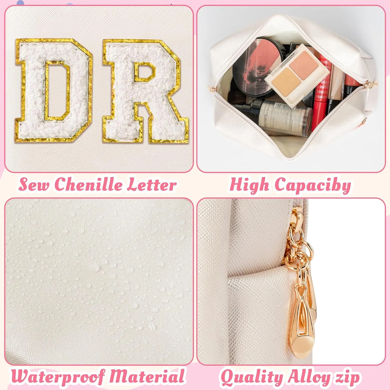 Y1tvei DRUGS Letter Cosmetic Bag - Preppy White Drugs Chenille Varsity Letter Makeup Bag, Leather Waterproof Toiletry Bag Large Medicine Pouch for Purse Travel Cosmetic Organizer for Women(Shell Gold)
