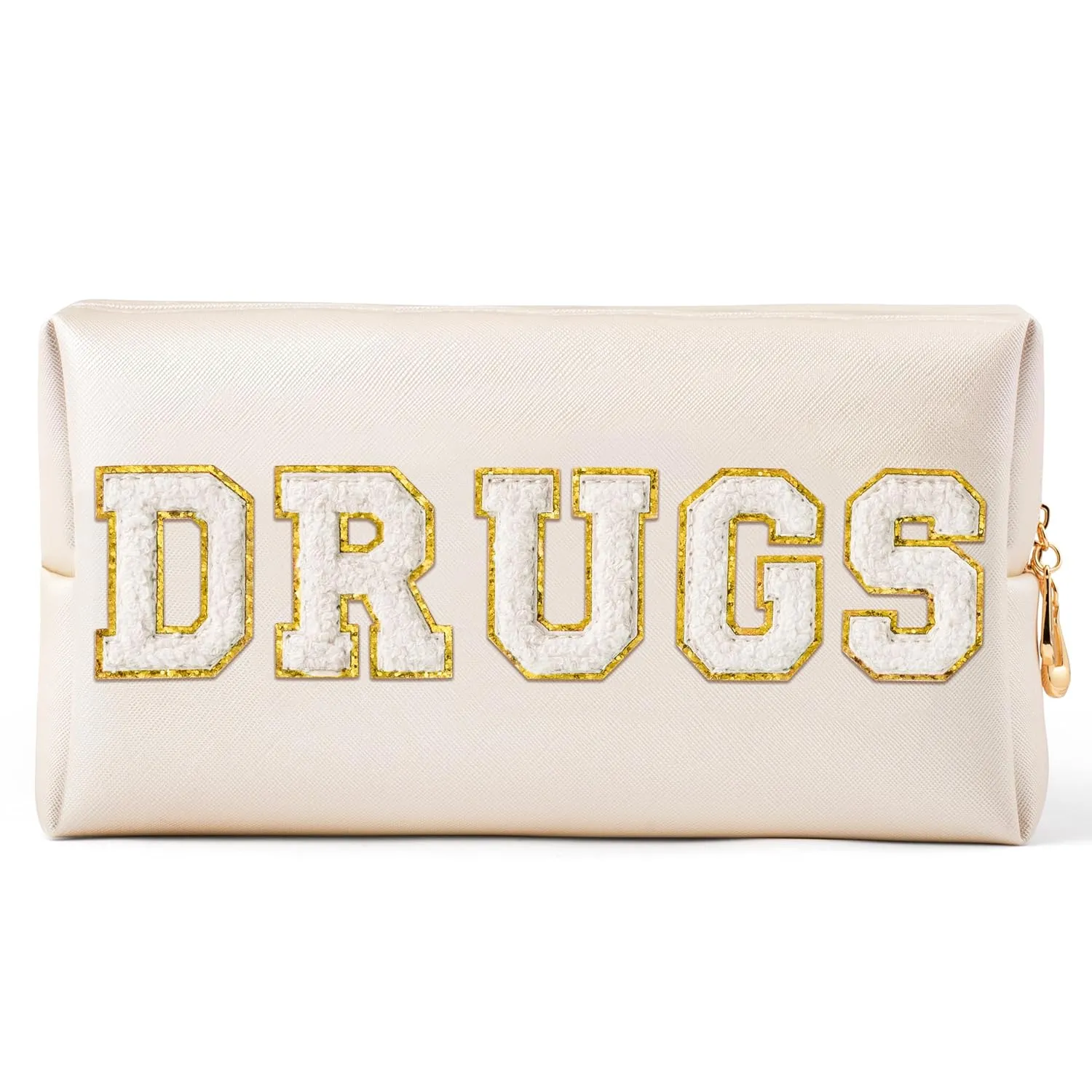 Y1tvei DRUGS Letter Cosmetic Bag - Preppy White Drugs Chenille Varsity Letter Makeup Bag, Leather Waterproof Toiletry Bag Large Medicine Pouch for Purse Travel Cosmetic Organizer for Women(Shell Gold)
