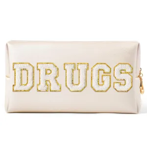 Y1tvei DRUGS Letter Cosmetic Bag - Preppy White Drugs Chenille Varsity Letter Makeup Bag, Leather Waterproof Toiletry Bag Large Medicine Pouch for Purse Travel Cosmetic Organizer for Women(Shell Gold)