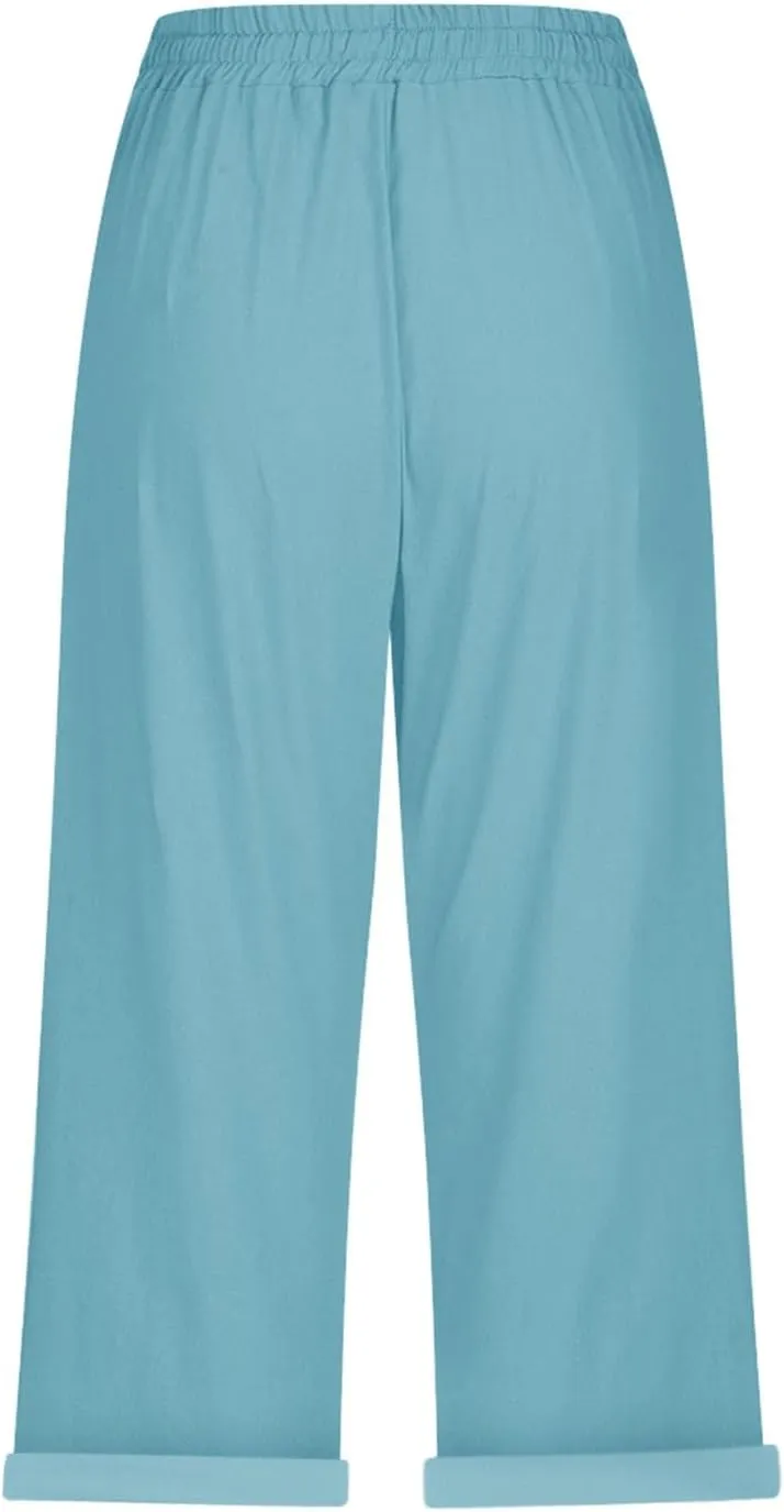 Yoga Pants with Pockets for Women Linen Elastic Seven Pants Beach Loose Comfy Trendy Elastic Waist Cropped Trouser