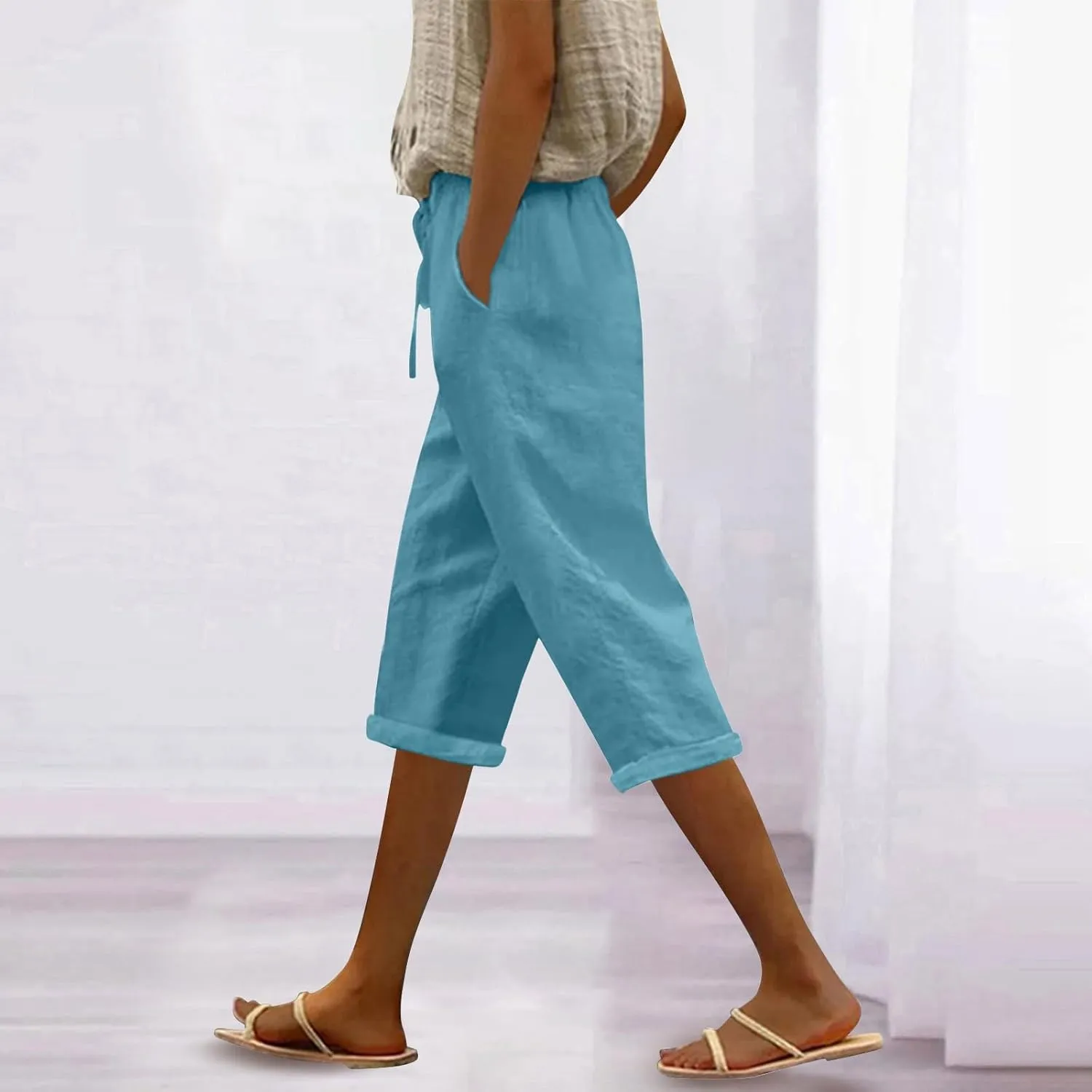 Yoga Pants with Pockets for Women Linen Elastic Seven Pants Beach Loose Comfy Trendy Elastic Waist Cropped Trouser